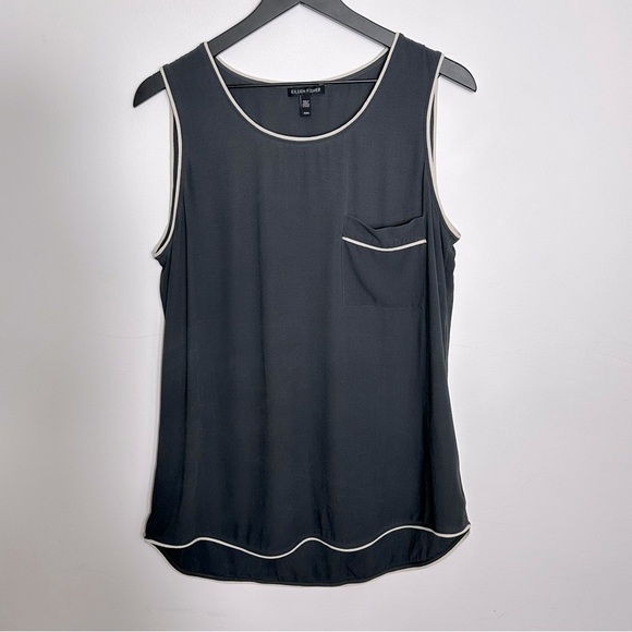 Eileen Fisher Silk Georgette Crepe Contrast Scoop Tank Top, Size M, Gray/Cream - Picture 1 of 6
